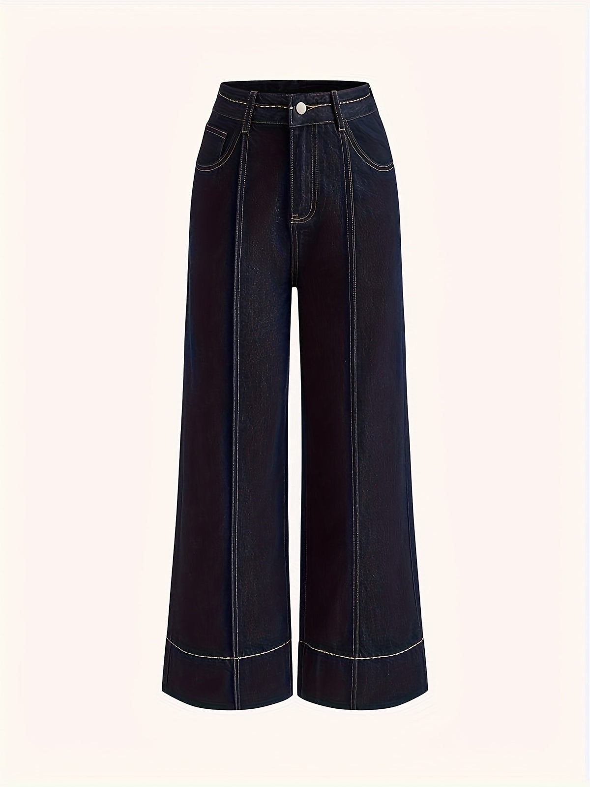 High Waist Straight Leg Jeans Women Dark Blue Retro White Stitch Loose Casual Denim Pants Pockets All Season S-XXL
