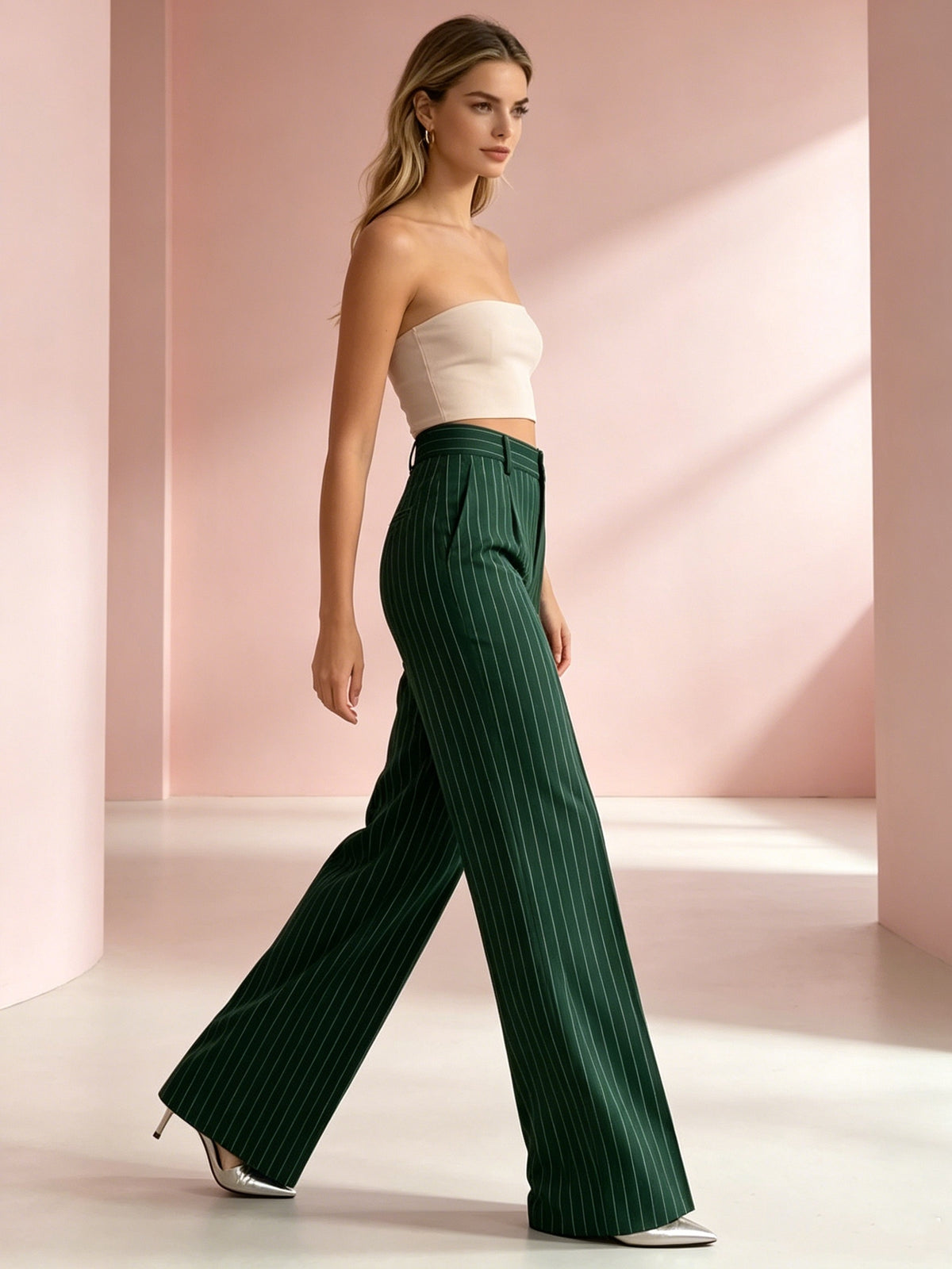 Striped Wide Leg Pants 2 Piece Set Women - High Waist Loose Fit Elegant Casual Outfit with Asymmetrical Pockets, All Season Polyester Machine Washable Work & Daily Fashion Set