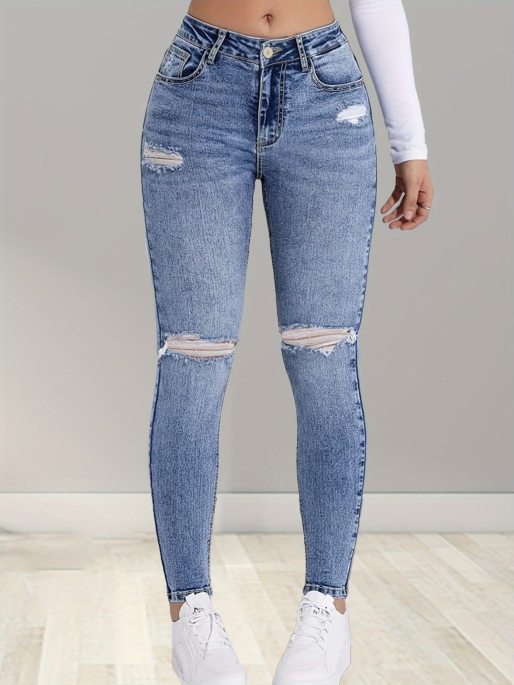 High Waist Elastic Waistband Stretch Jeans Women Classic Fit No Distressing Zip Fly Polyester Blend All Season Denim Pants
