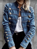 Slim Fit Denim Jacket Women Stand Collar Double-Breasted Patchwork Blue Jean Jacket Casual Autumn Winter Outerwear for Women