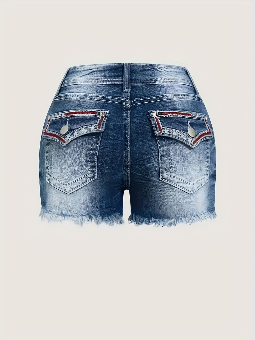 Stretch Denim Shorts for Women - Retro Color Block Embroidery Mid Rise Slim Fit, Built-In Zipper Machine Washable Cotton Blue Casual Jean Shorts for Spring Summer