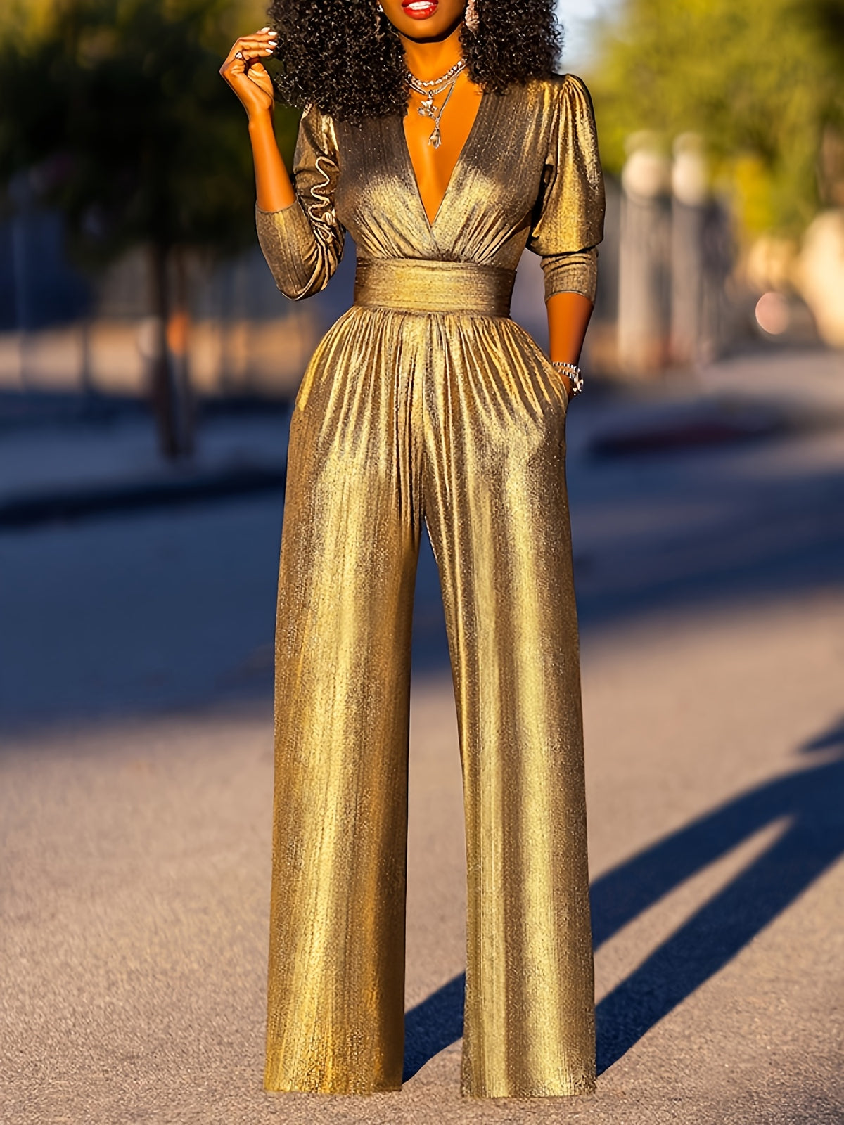 Shiny Wide Leg Jumpsuit for Women Elegant Deep V Neck High Waist Palazzo Pants Jumpsuit Three Quarter Sleeve Formal Party Evening Wedding Outfit Solid Color