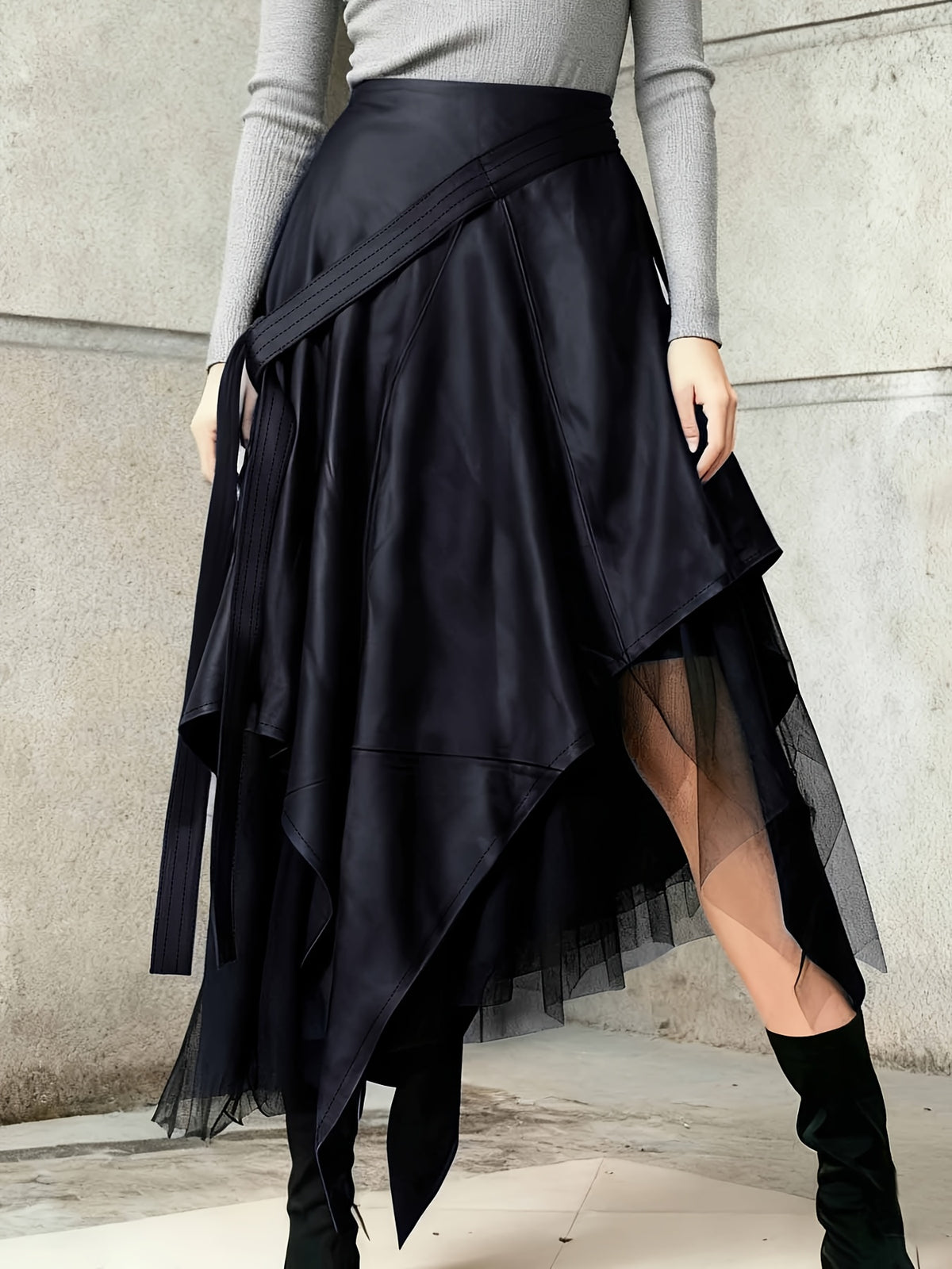 Black Asymmetric Lace Hem Skirt for Women, Elegant A-Line Midi Skirt Casual Spring Autumn Fashion Ladies Bottom with Irregular Hem