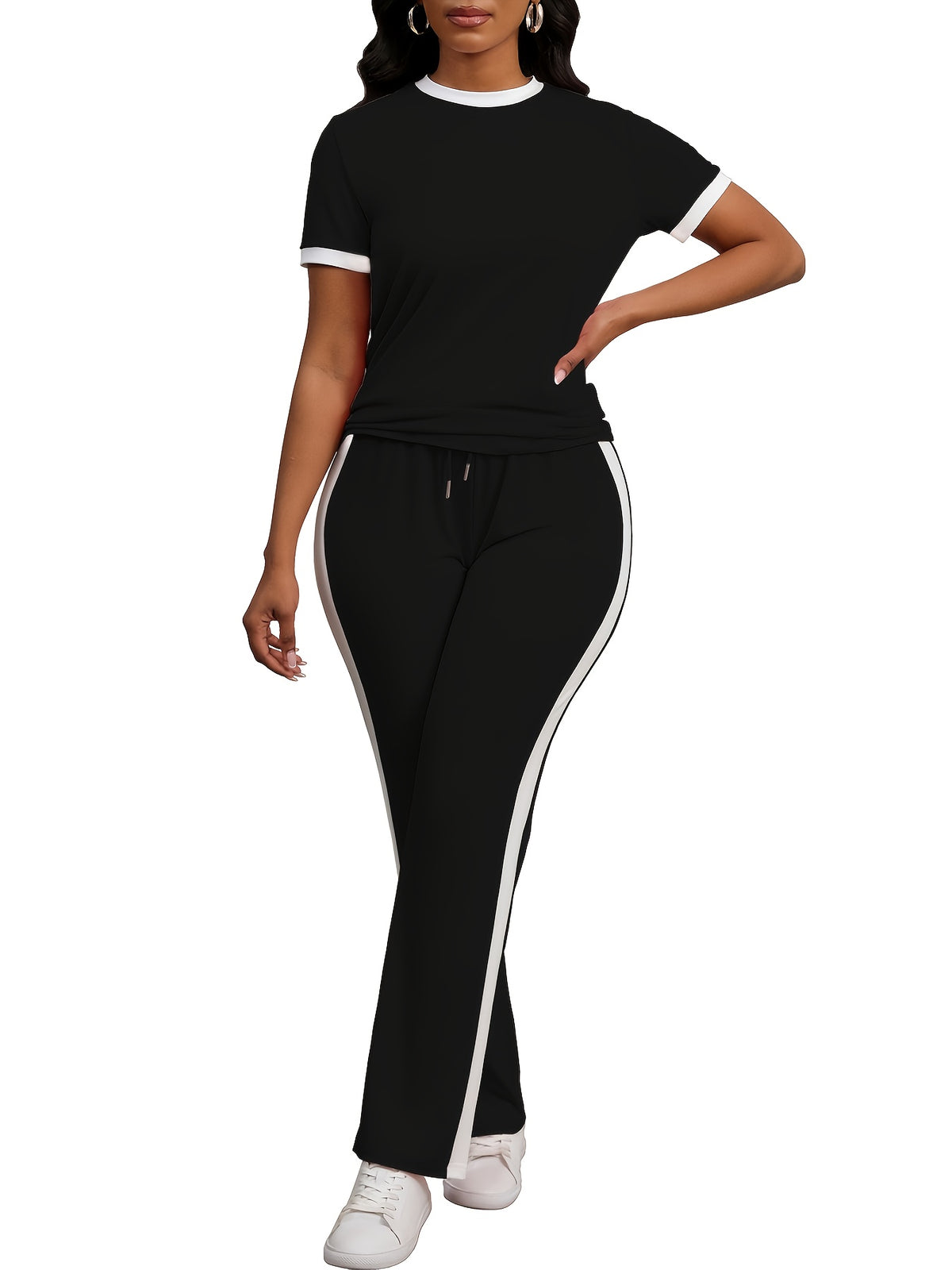 Women Colorblock 2 Piece Tracksuit Set Short Sleeve Crew Neck Top Striped Sweatpants Casual Lounge Jogger Matching Outfit for Workout Everyday Wear