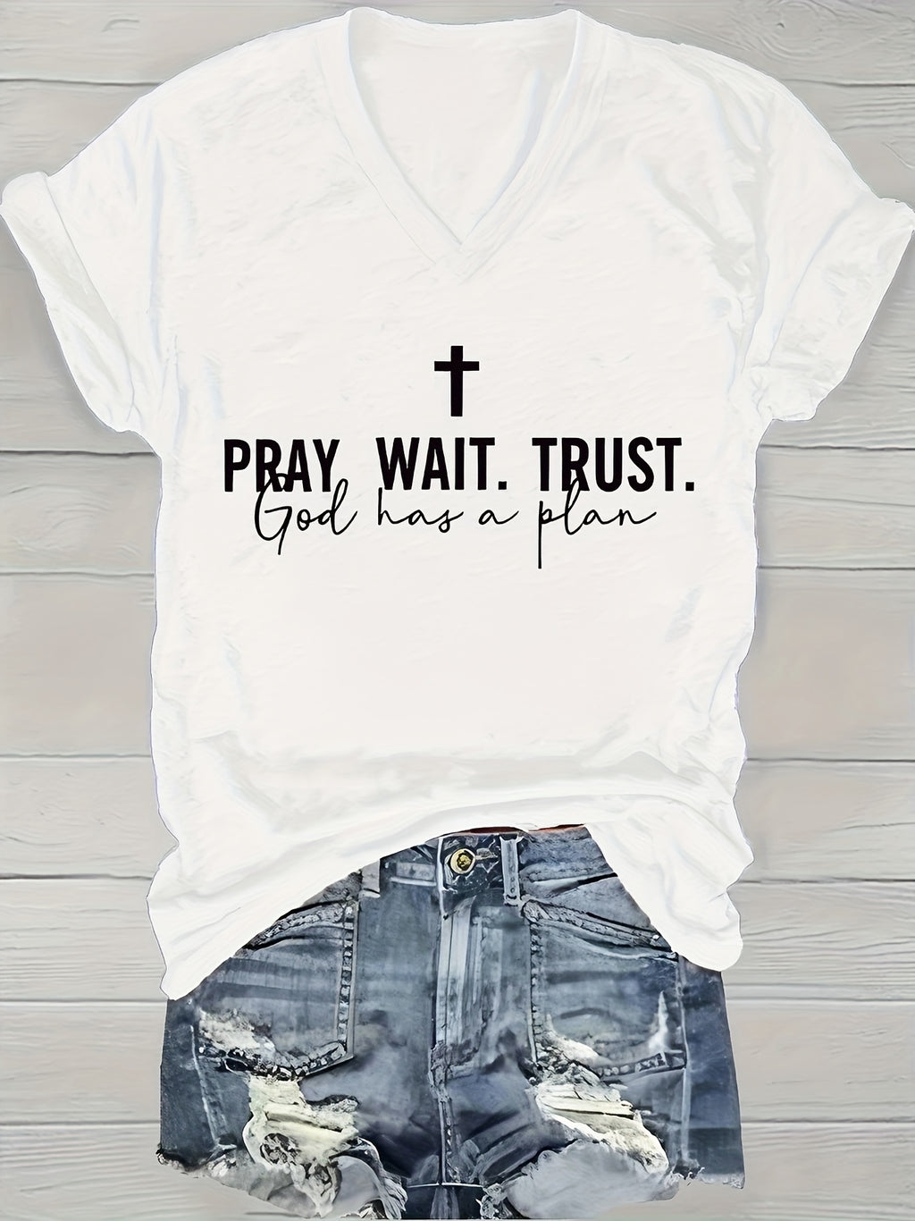 Faith Slogan V-Neck Tee Women Pray Wait Trust Print Short Sleeve 180gsm Casual Spring Summer Inspirational Top S-XXL
