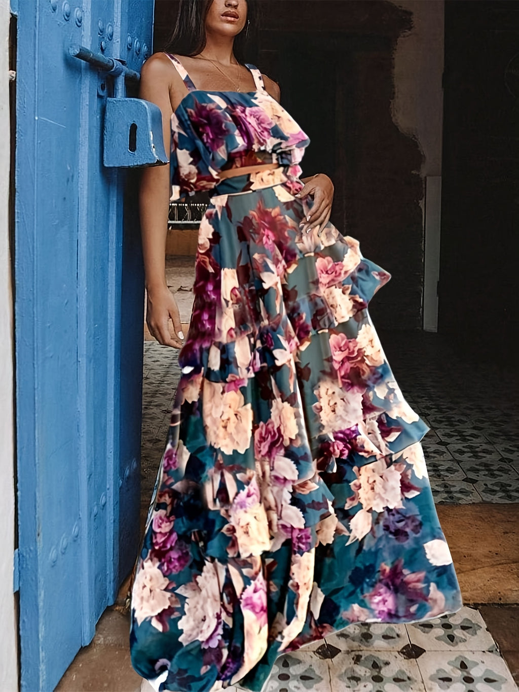 Boho Floral Print Halter Peplum Top and Cake Skirt 2pcs Set Women Beach Vacation Holiday Casual Spring Summer S-XXL