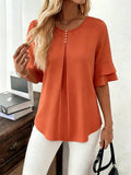 Flared Ruffle Sleeve Round Neck Blouse for Women – Loose Solid Color Button Top with 3/4 Bell Sleeves, Elegant Casual Spring Summer Shirt