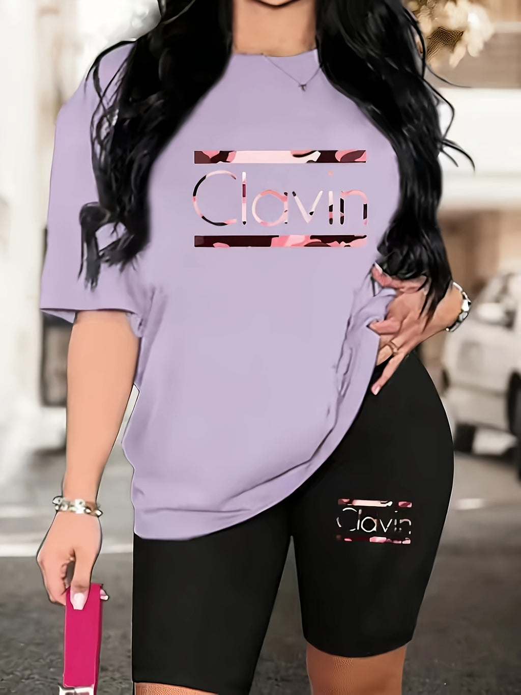 Women's 2-Piece Oversized T-Shirt and Fitted Shorts Matching Set Lettering Print Streetwear Loungewear