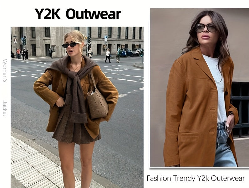 Women Y2K Suit Collar Blazer Jacket Midi Length Long Sleeve Loose Fit Vintage Style Light Brown S-XXL