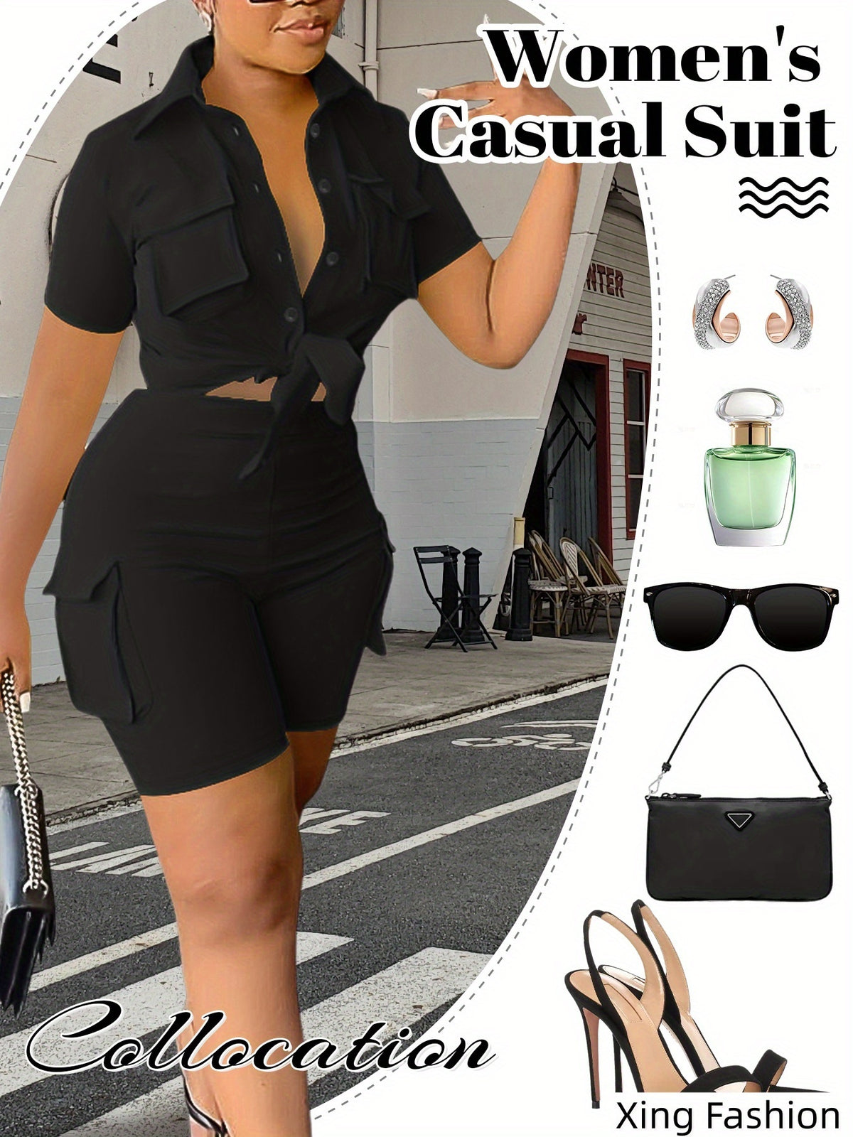 Women 2pcs Short Sleeve Button Top Biker Shorts Set Summer Casual Streetwear Solid Color with Pockets Khaki Black White Green
