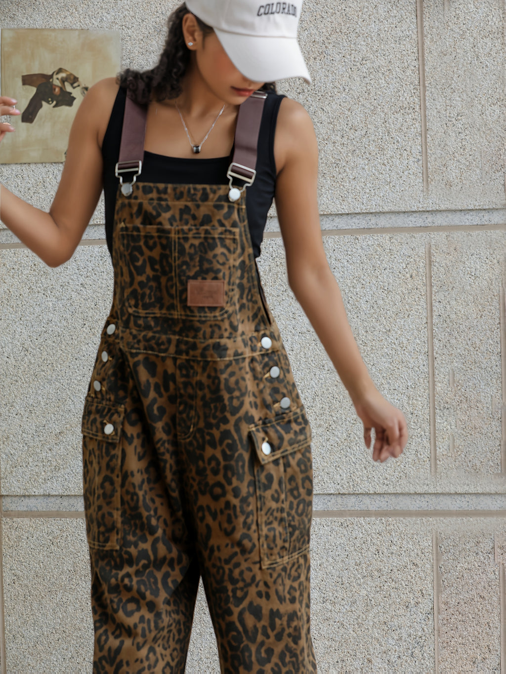 Leopard Print Denim Jumpsuit Women Multi-Pocket Loose Wide-Leg Retro Straight Leg One-Piece All Seasons S-XXL