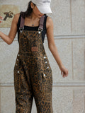Leopard Print Denim Jumpsuit Women Multi-Pocket Loose Wide-Leg Retro Straight Leg One-Piece All Seasons S-XXL