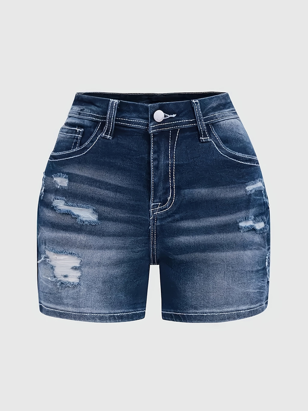 Stretch Denim Shorts for Women - Retro Color Block Embroidery Mid Rise Slim Fit, Built-In Zipper Machine Washable Cotton Blue Casual Jean Shorts for Spring Summer