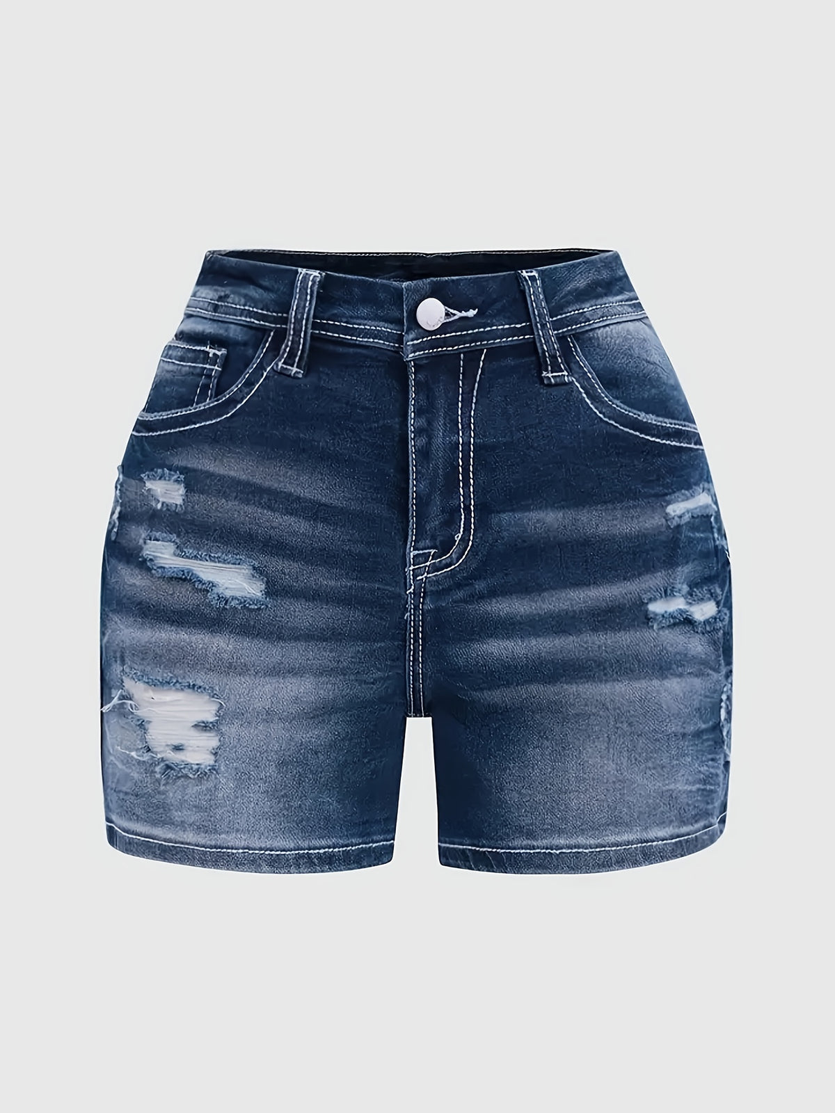 Stretch Denim Shorts for Women - Retro Color Block Embroidery Mid Rise Slim Fit, Built-In Zipper Machine Washable Cotton Blue Casual Jean Shorts for Spring Summer
