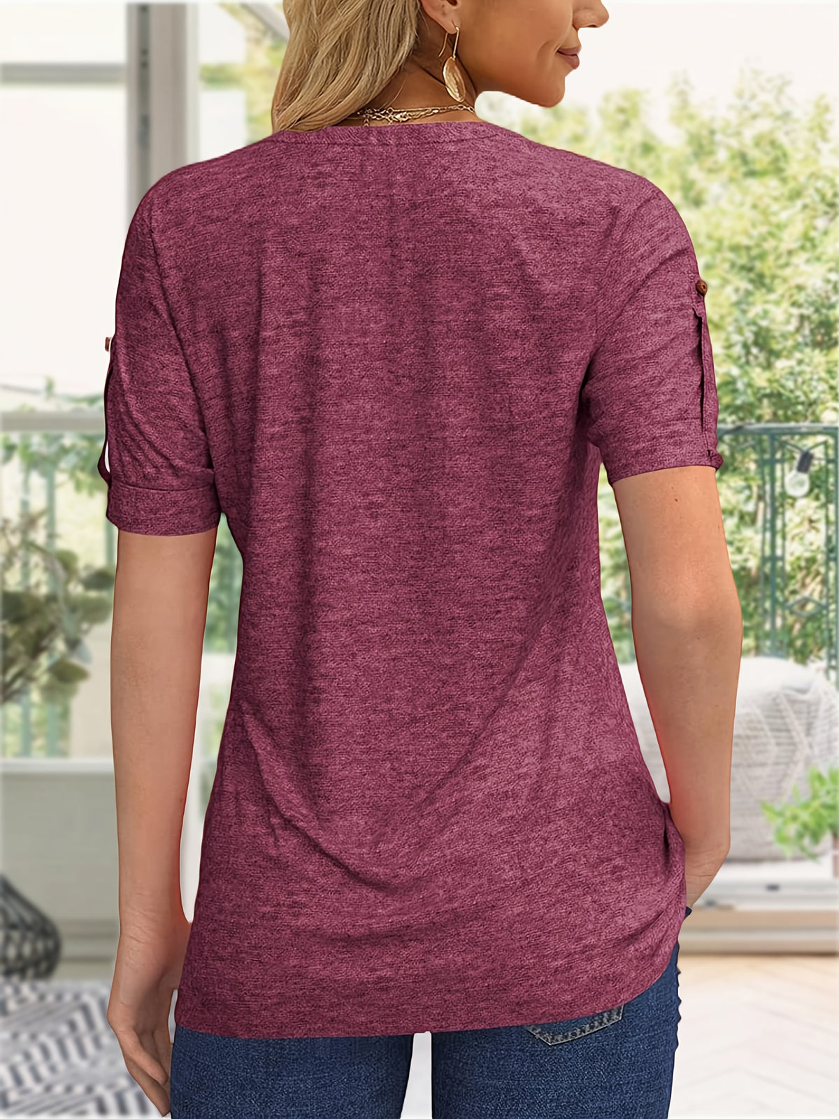 Button Front V-Neck Top Women Pleated Detail Short Sleeve Solid Color Casual Summer Blouse Lightweight Breathable Machine Washable