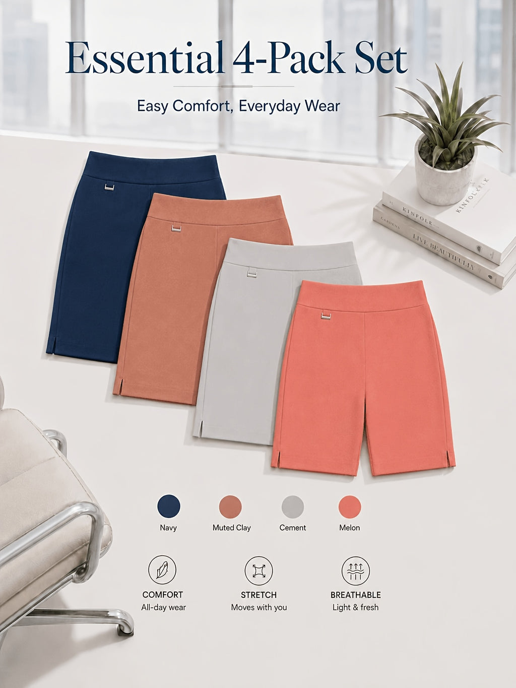 Women's Bermuda Shorts 4-Pack Pull-On Stretchy Breathable Knee Length Work Shorts with Side Slit Hem Skin-Friendly Multi-Color Set