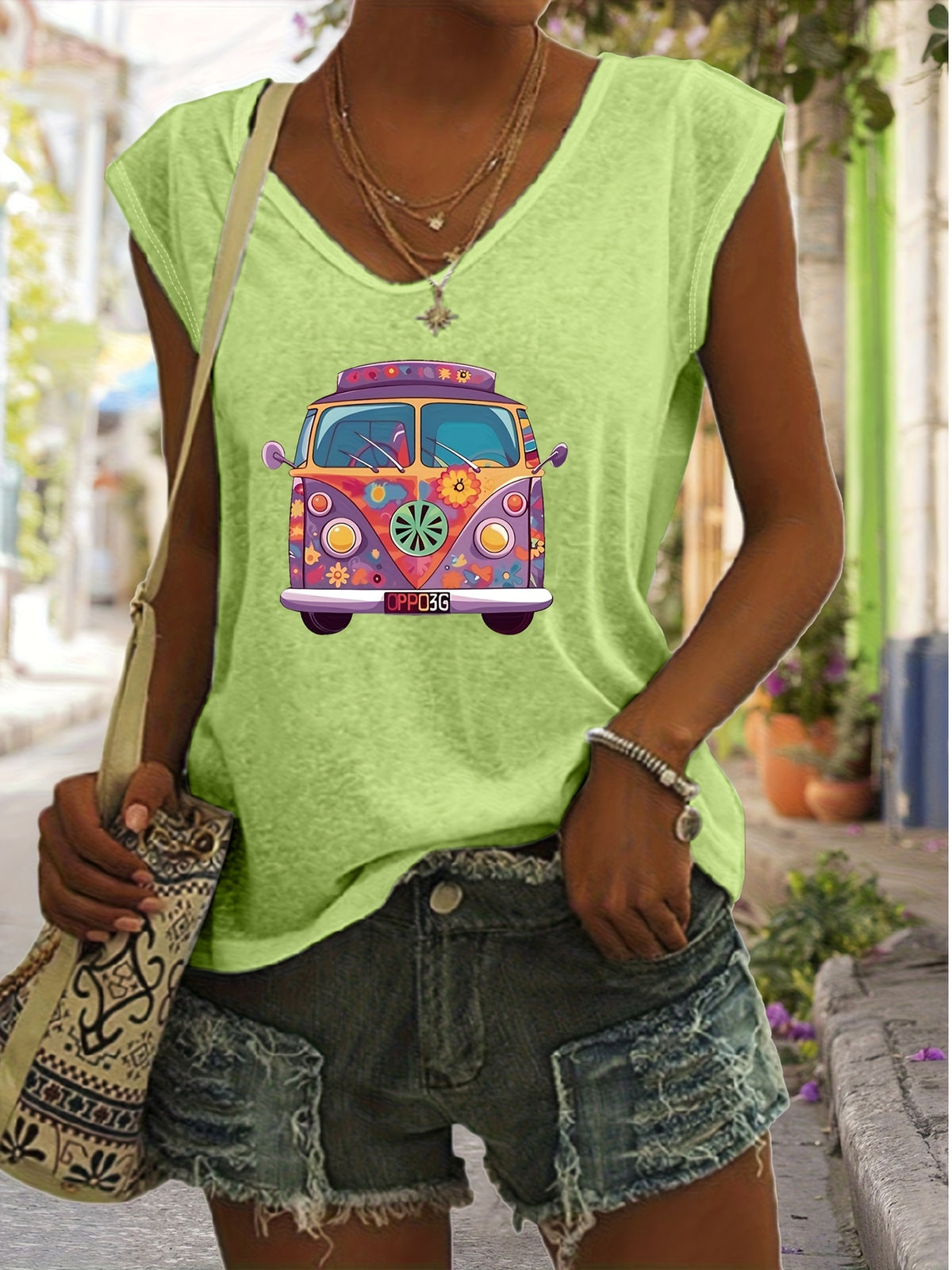 Graphic Print Tank Top Women V-Neck Hippie Rock Boho Sleeveless Summer Casual Vest Top 7 Colors S-XXL