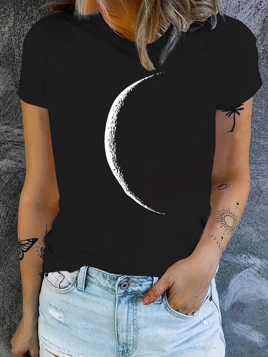 Crew Neck Letter Print Tee Women Chic Casual Short Sleeve Layering T-Shirt Soft Comfortable Everyday Top Neutral Colors