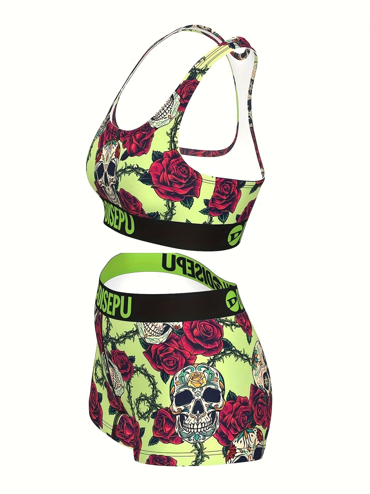 Skull & Rose Gothic 2-Piece Sports Bra & Shorts Set for Women – Neon Green High-Stretch Activewear for Gym, Yoga, Beach, Festival & Halloween Workout