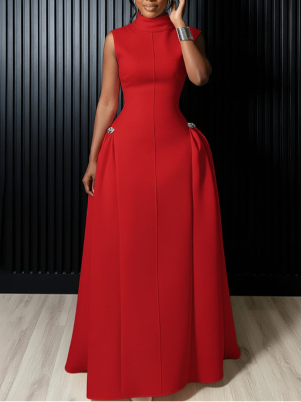 Red Pleated Maxi Dress Women Sleeveless Mock Neck Waist Tie Structured Formal Gala Evening Luxury Party Dress S-XXL