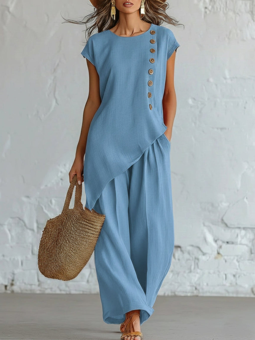 Asymmetrical Hem Button Top & Wide Leg Pants 2 Piece Set Women Long Sleeve Solid Color Daily Vacation Outfit Spring Fall 100% Polyester Smooth