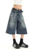 Loose Straight Leg Denim Shorts for Women - Knee Length Streetwear Casual Jean Shorts, Comfortable Wide Fit Machine Washable Summer Bottoms, Unisex Street Style