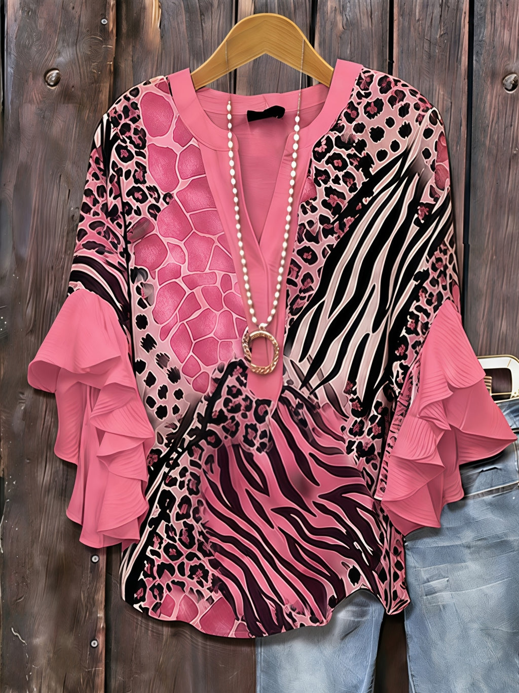 Animal Print Ruffle Sleeve Tunic Top Women V-Neck Long Blouse Three Quarter Patchwork Loose Fit Casual Daily Commute Date Night 95% Polyester