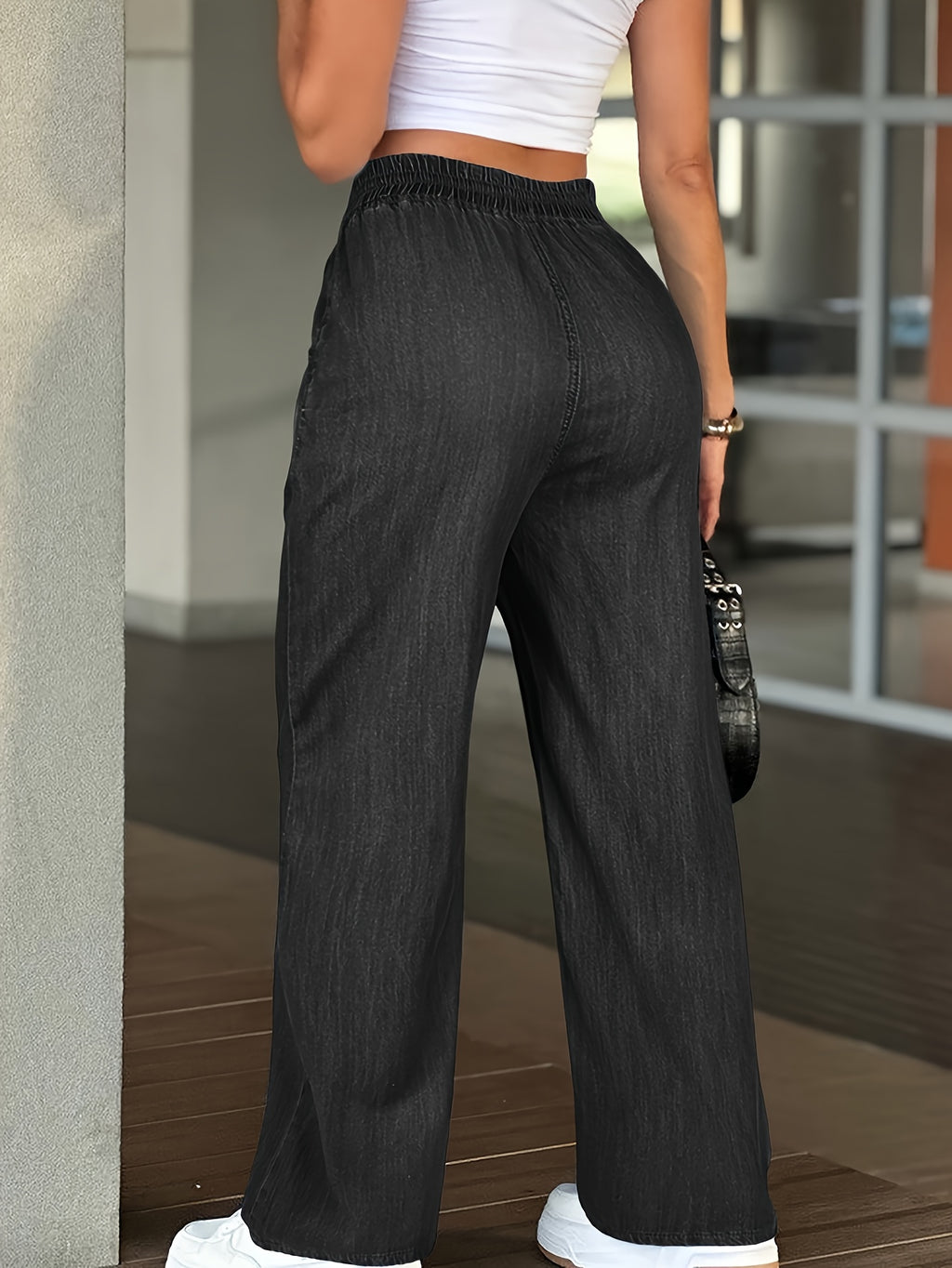 High-Waisted Wide-Leg Jeans for Women - Drawstring Elastic Waistband Loose Straight Leg Denim Trousers, Lightweight Lyocell Blend Casual Pants for Everyday All-Season Wear