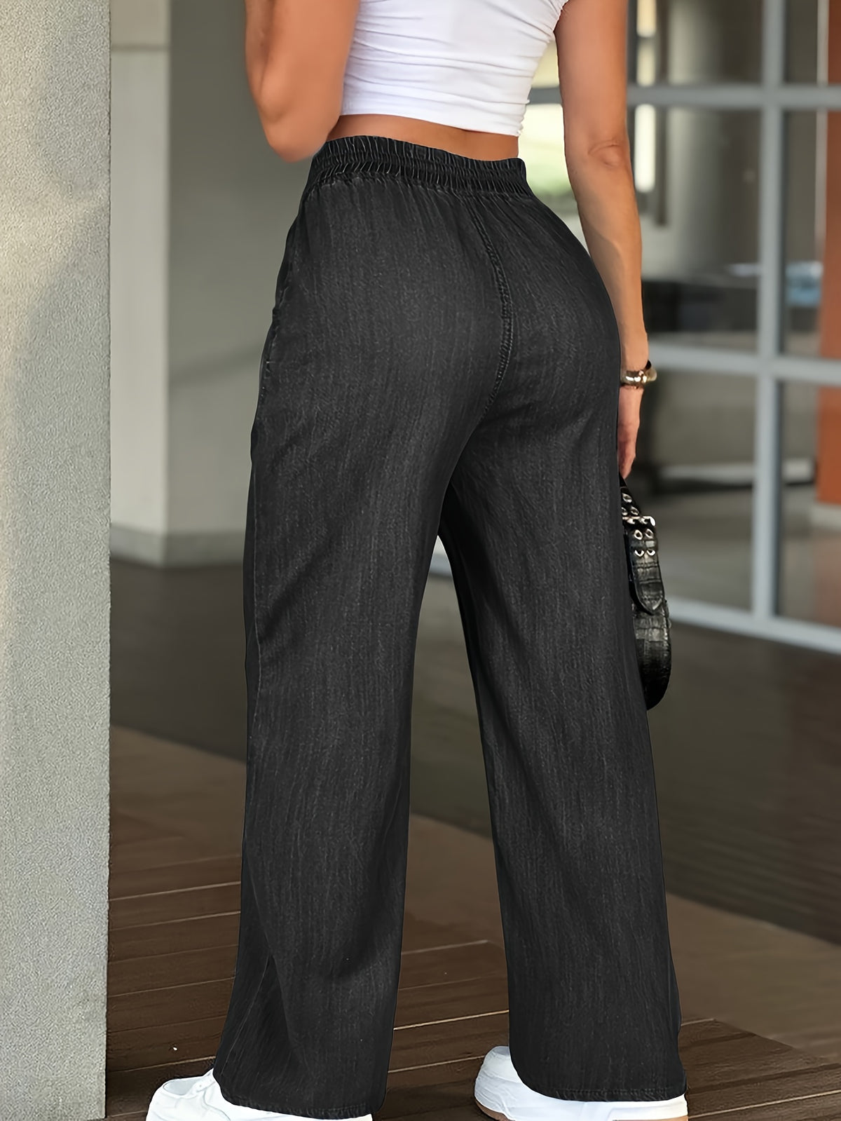 High-Waisted Wide-Leg Jeans for Women - Drawstring Elastic Waistband Loose Straight Leg Denim Trousers, Lightweight Lyocell Blend Casual Pants for Everyday All-Season Wear