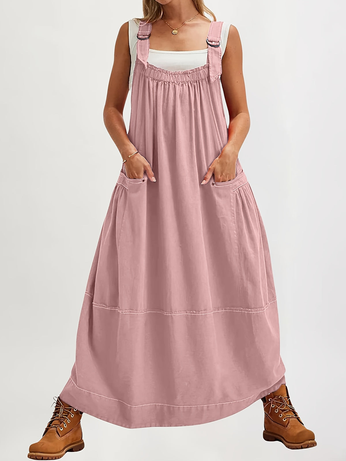 Overall Dress Women Loose Adjustable Strap Midi Length Big Pockets Workwear Casual Bib Jumper Dress Spring Summer S M L XL XXL