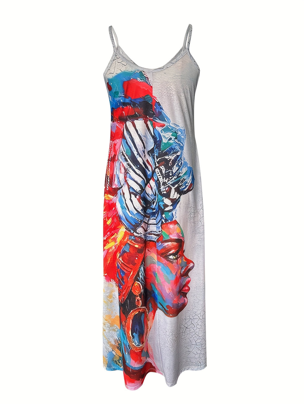 Portrait Print Spaghetti Strap Maxi Dress Women Long Summer Casual Boho European American Style Dress S-XXL