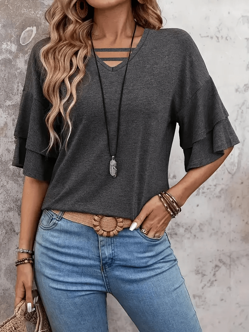 Ruffle Sleeve V-Neck Top Women Layered Tiered Split Back Cross Front Casual Blouse Lightweight Breathable Spring Summer Fall S-XXL