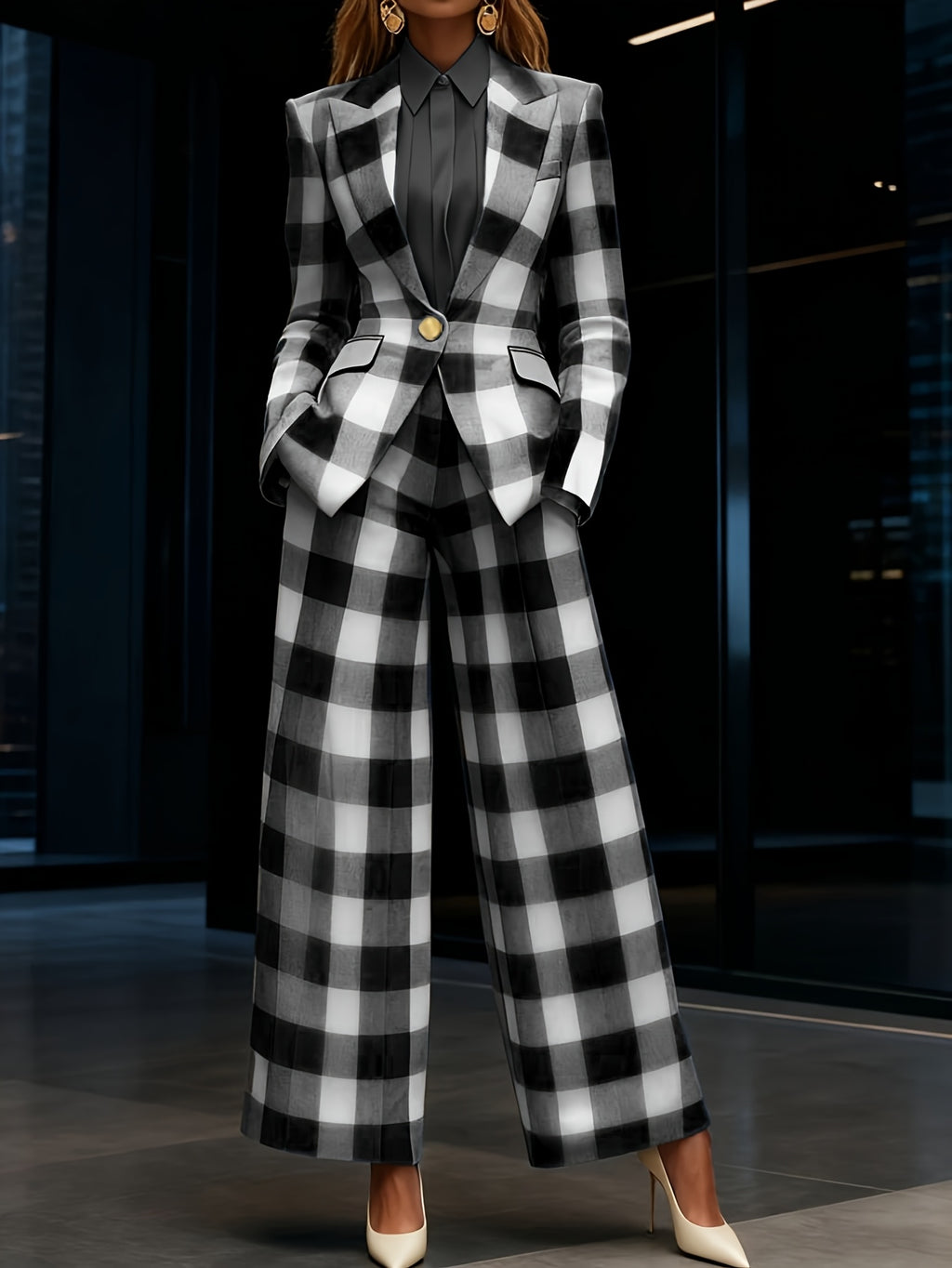 Women's 2pcs Plaid Wide Leg Pants Suit Waist Cinched Slim Fit Professional Blazer Set Workplace Business Casual Outfit
