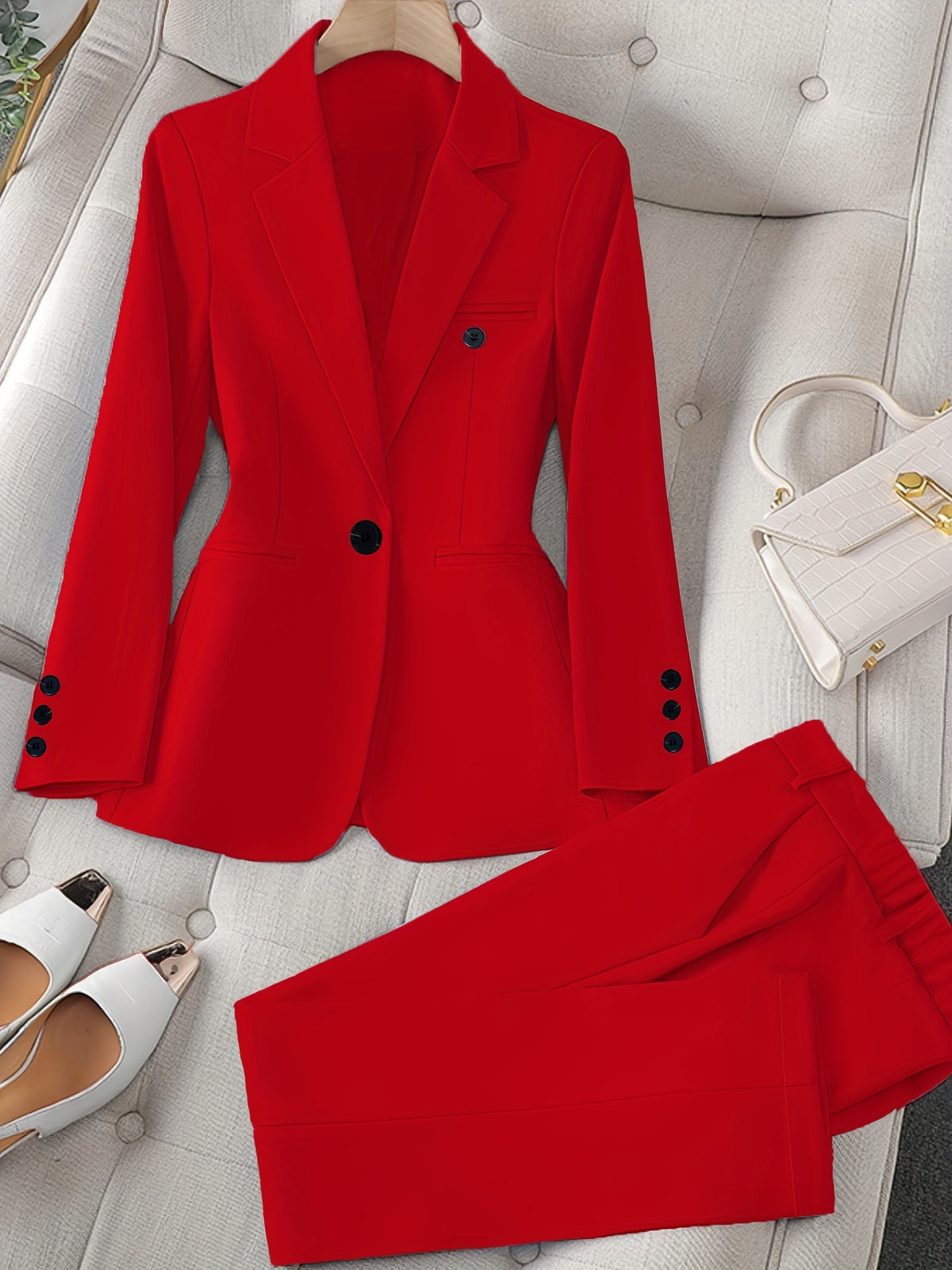 Women's 2 Piece Business Suit Set Solid Color Long Sleeve Blazer Jacket and Trousers Professional Work Outfit Elegant Pantsuit Matching Set