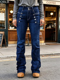 Flared Denim Pants Women High Waist Stretch Dark Blue Button Detail Comfort Fit Casual Semi-Formal Jeans XS-XL