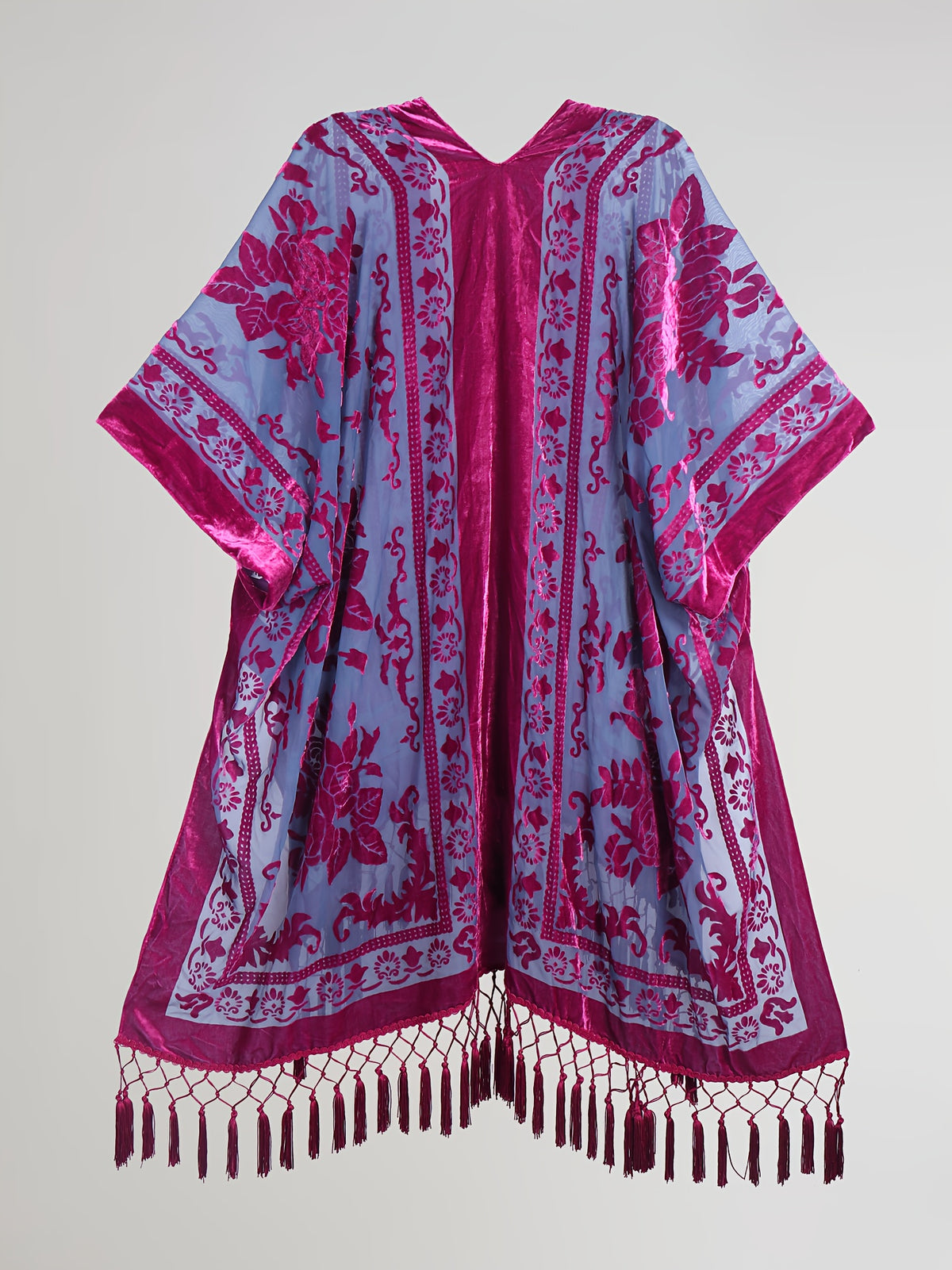 Boho Burnout Velvet Kimono Women Long Cardigan Cover Up Tassel Floral Embroidered One Size