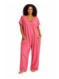 Oversized Loose Jumpsuit for Women with Pockets, V-Neck Short Sleeve Lightweight Casual One Piece, Solid Color Everyday Romper for Spring Summer Fall, Machine Washable