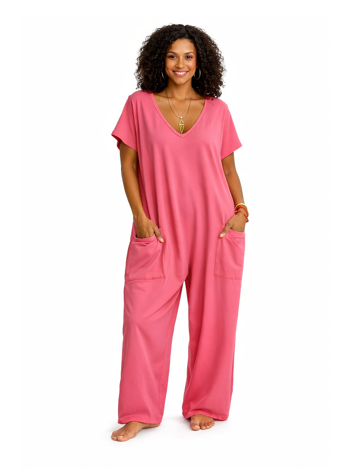 Oversized Loose Jumpsuit for Women with Pockets, V-Neck Short Sleeve Lightweight Casual One Piece, Solid Color Everyday Romper for Spring Summer Fall, Machine Washable