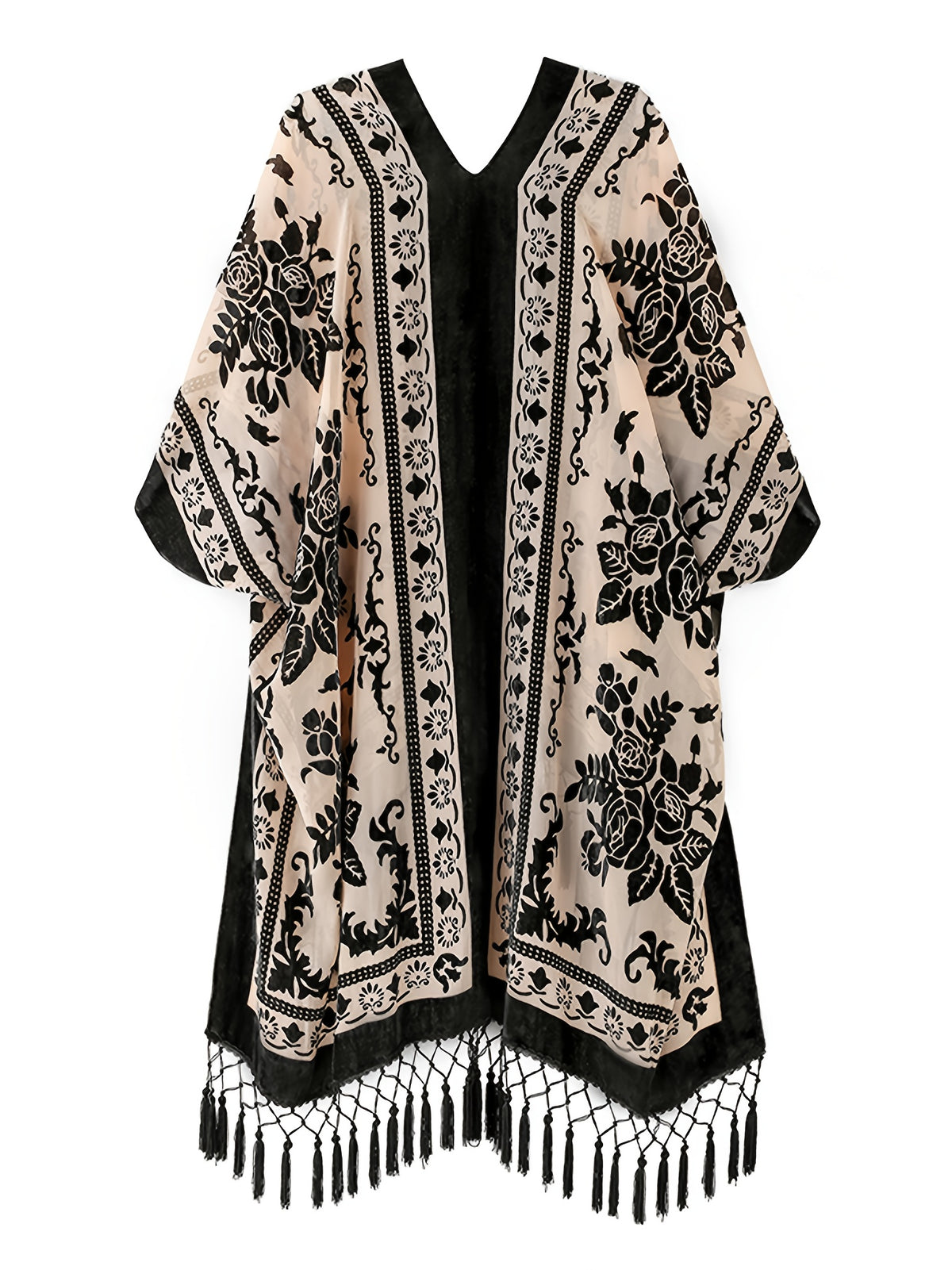 Boho Burnout Velvet Kimono Women Long Cardigan Cover Up Tassel Floral Embroidered One Size