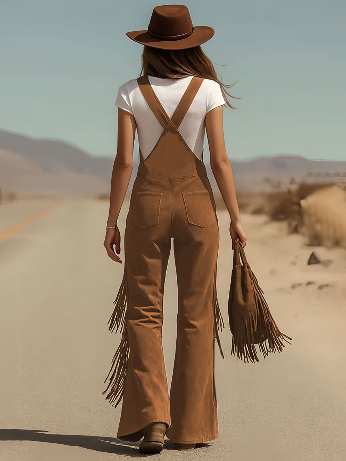 Vintage Fringe Overalls Women Wide Leg Loose Faux Suede Western Boho Festival Country Concert Halloween Costume Outfit