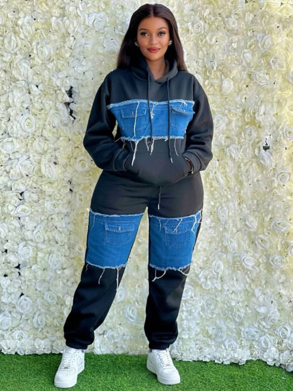 Color Block Sweatshirt Tracksuit Set for Women - Oversized Retro Streetwear Patchwork 2-Piece Casual Matching Outfit