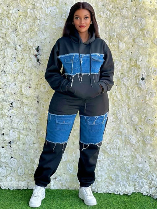 Color Block Sweatshirt Tracksuit Set for Women - Oversized Retro Streetwear Patchwork 2-Piece Casual Matching Outfit