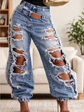 Women's High-Waisted Ripped Jeans Cuffed Hem Street Style Light Blue XL XXL