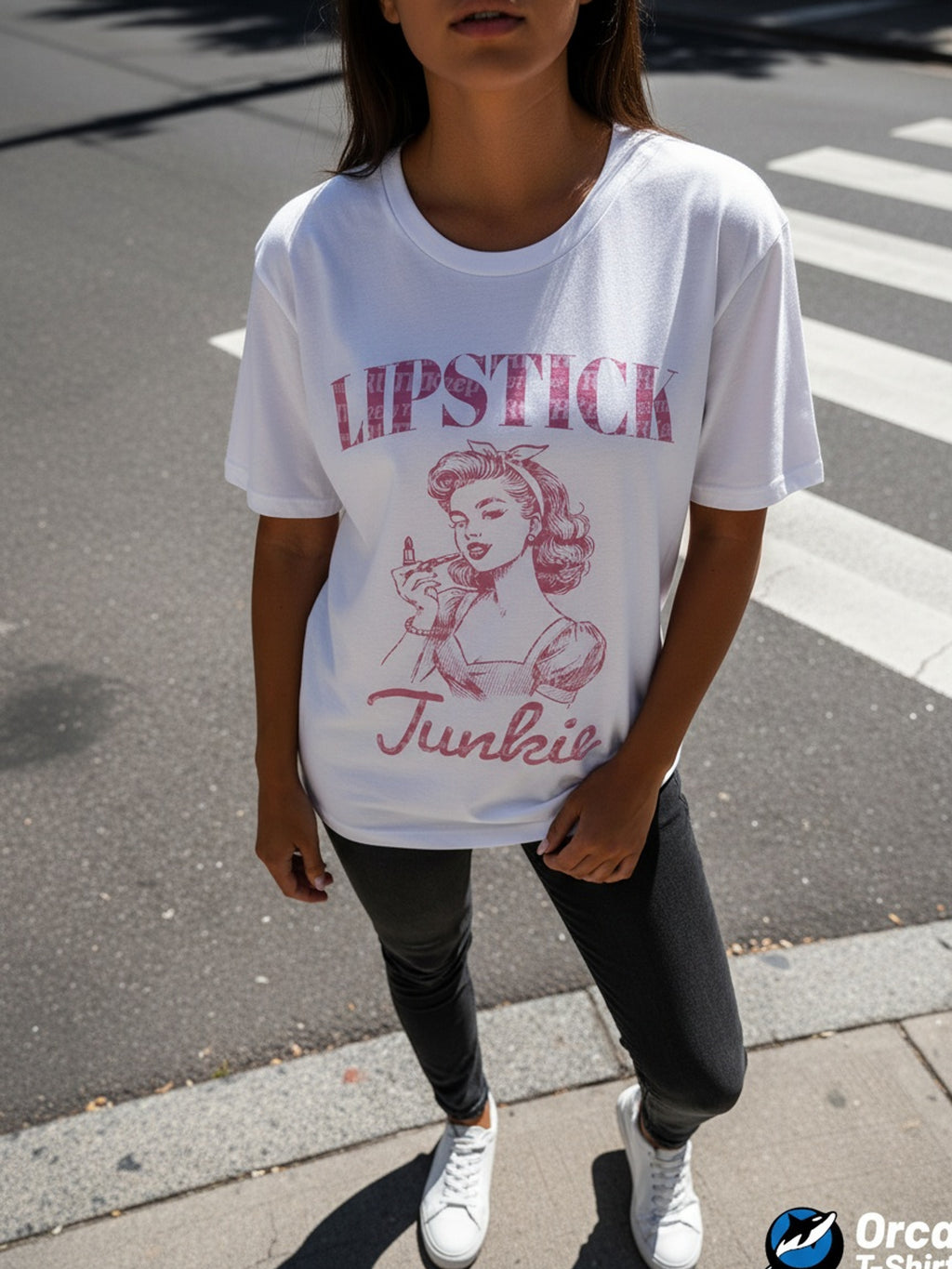 Lipstick Junkie Retro Punk Graphic T-Shirt for Women - Loose Fit Vintage Geometric Print Crew Neck Short Sleeve Casual Tee Spring Summer