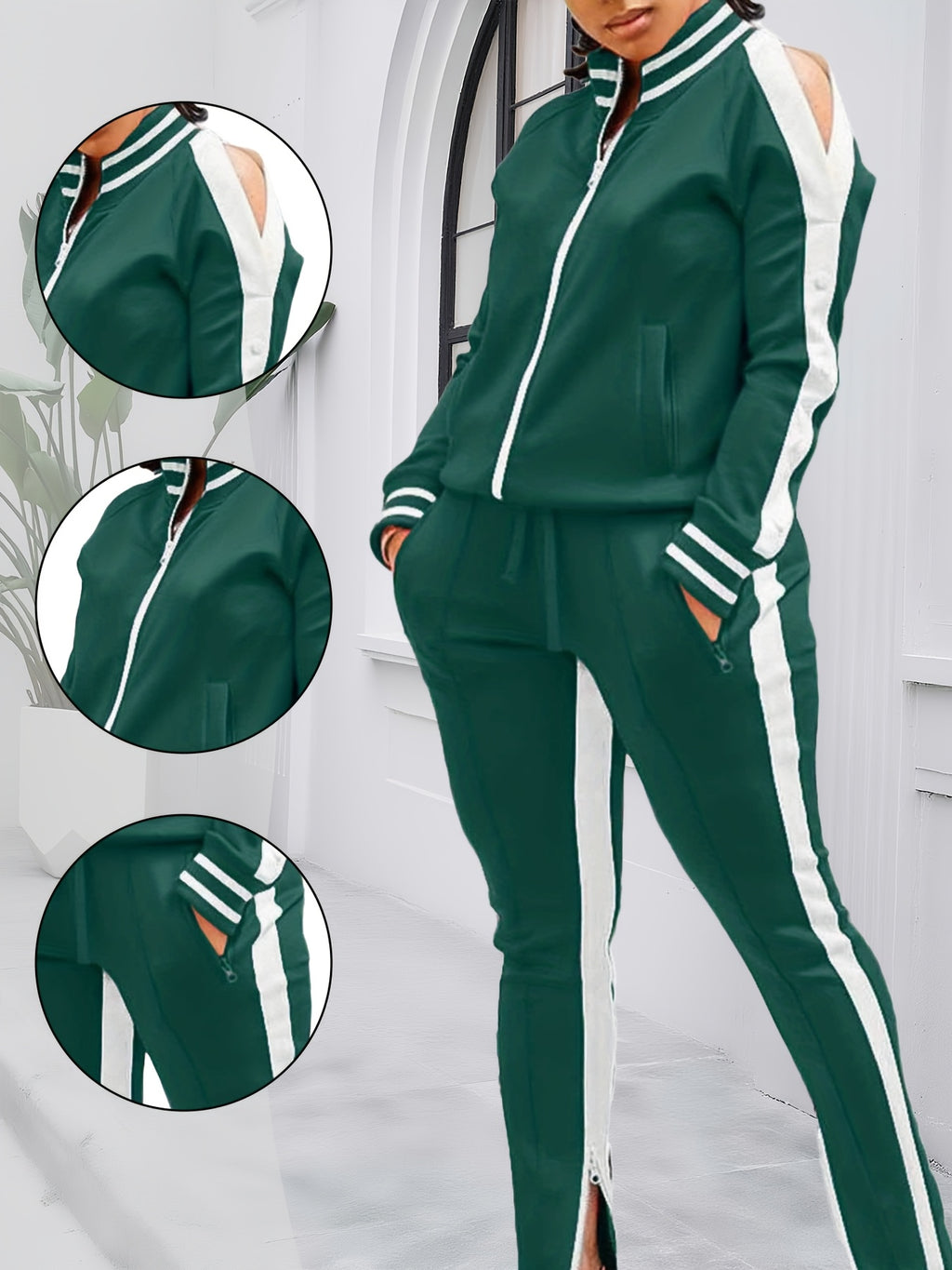 Color Block Off-Shoulder Tracksuit Set for Women – 2-Piece Zip Cuff Sweatshirt & Sweatpants Casual Matching Outfit, Lightweight Breathable Jogger Set