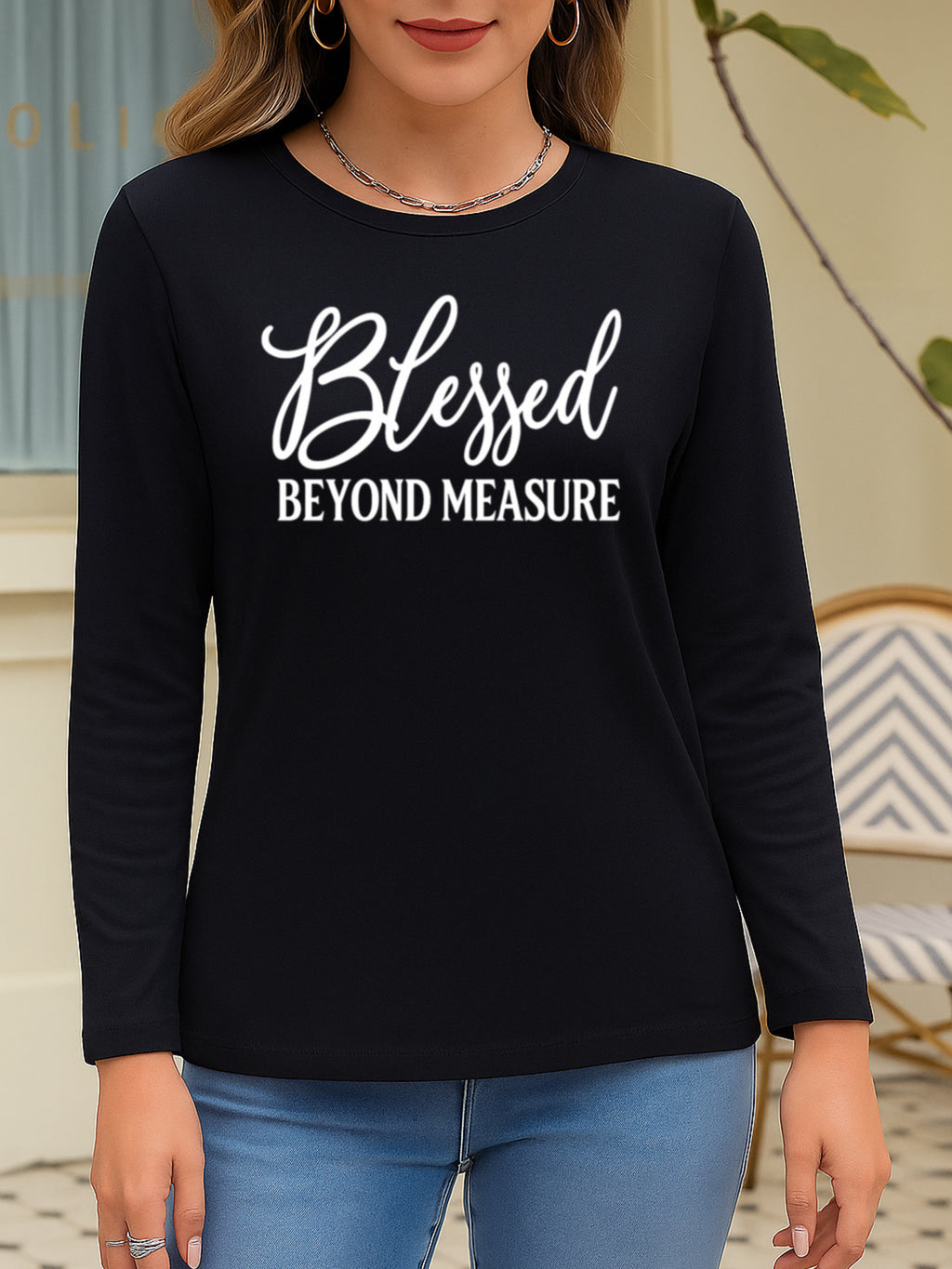 Women Long Sleeve Graphic Top Faith Letter Print Soft Breathable Machine Washable S-XXL