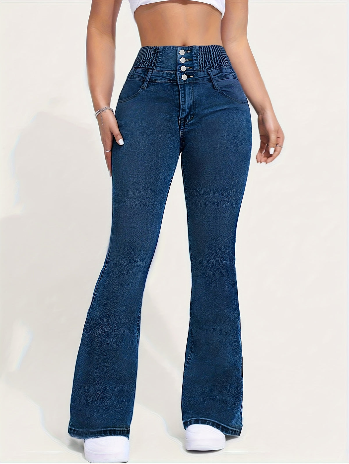 High Waist Flare Leg Jeans Women Vintage Shirring Detail Button Fly Medium Blue Denim All Season