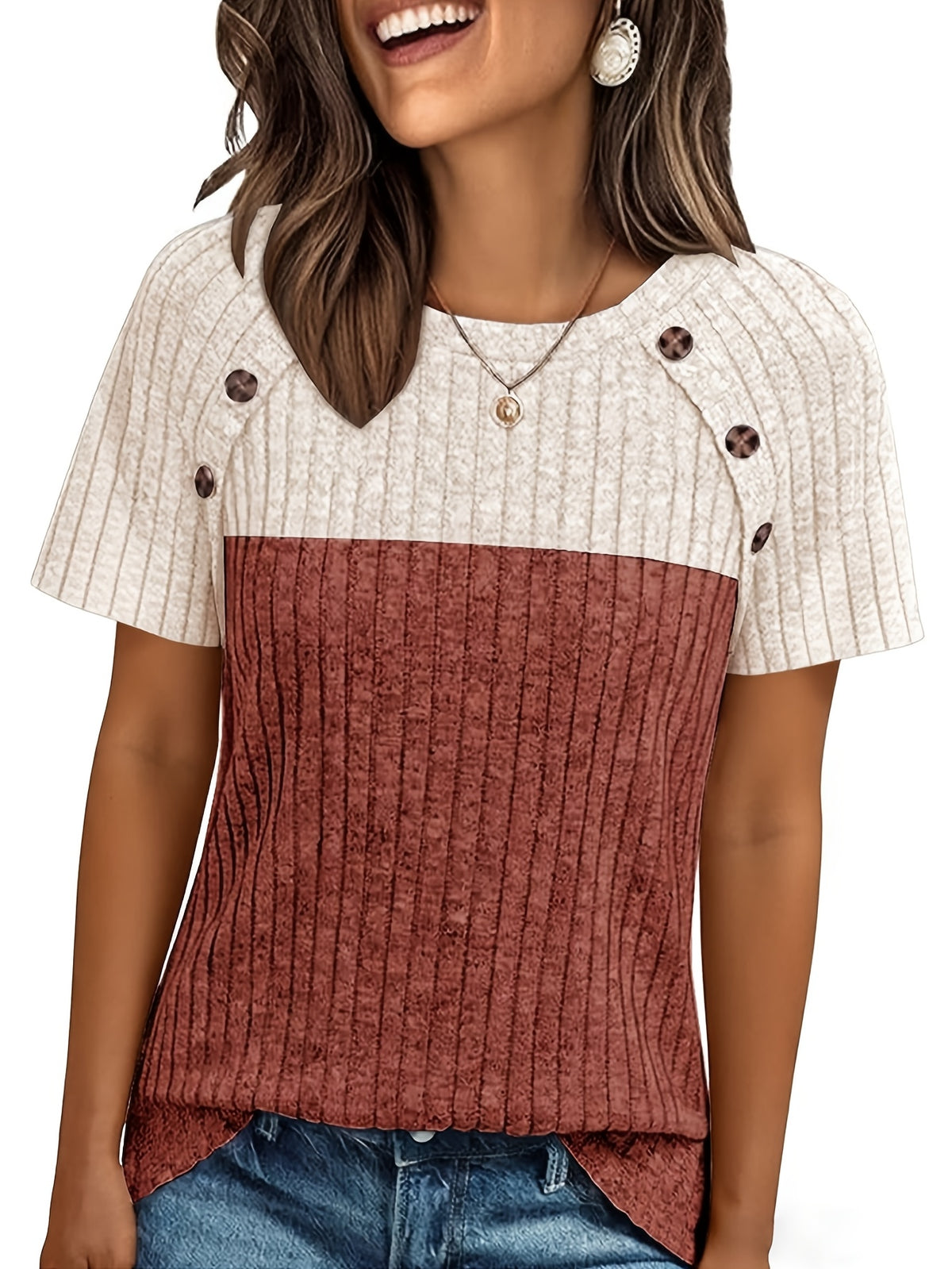 Two-Color Colorblock Pullover Top Women Round Neck Tie Button Short Sleeve Loose Casual Elegant Basic Shirt S-XXL