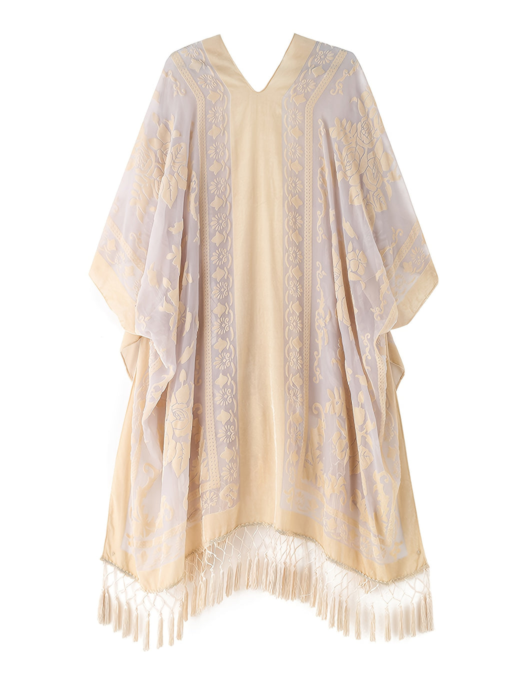 Boho Burnout Velvet Kimono Women Long Cardigan Cover Up Tassel Floral Embroidered One Size