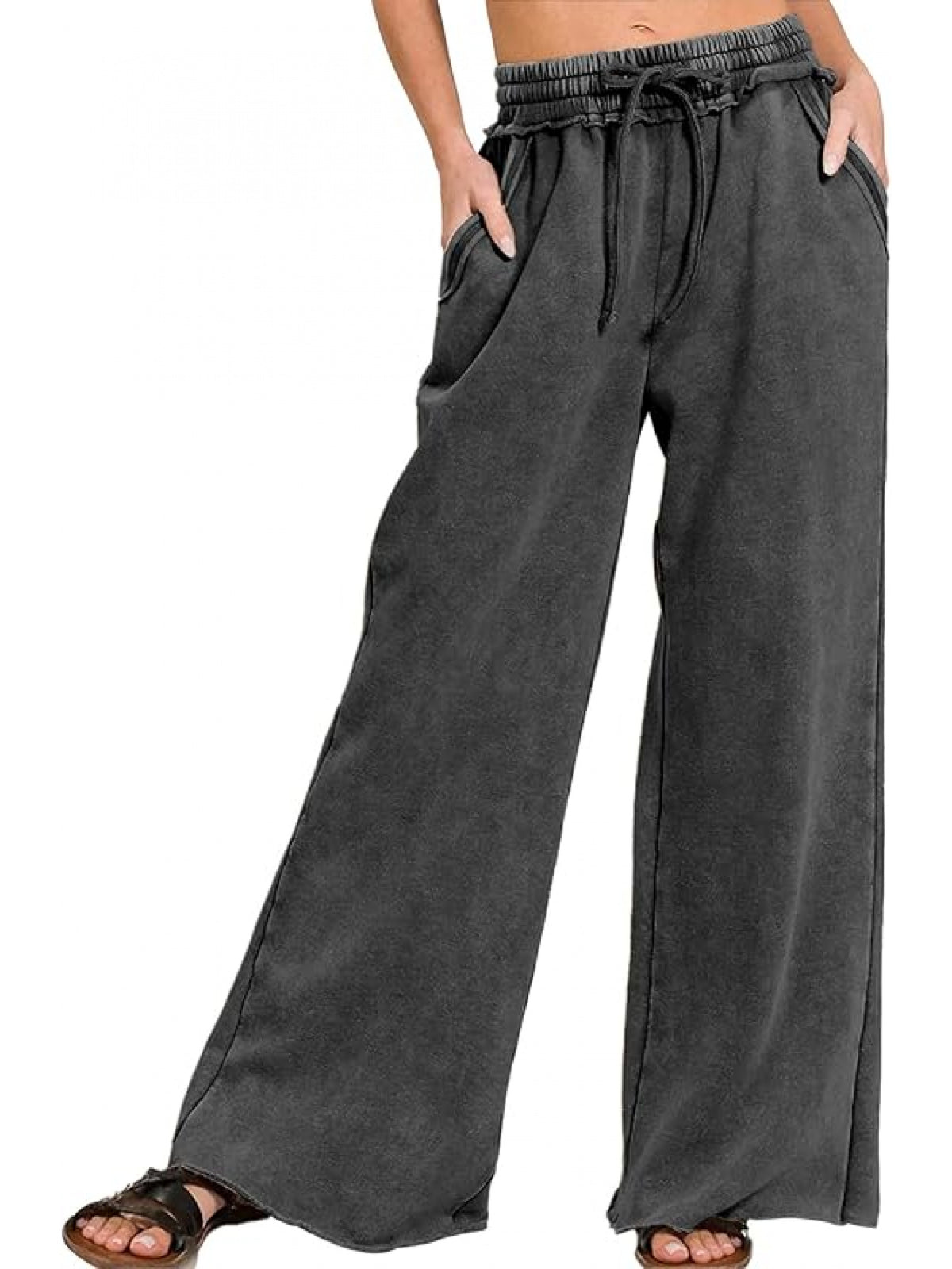 Acid Wash Palazzo Sweatpants Women High Waist Drawstring Wide Leg Pants Pockets Black Blue Sage Green